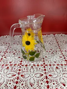 Vintage Glass Pitcher With Hand Painted Sunflowers