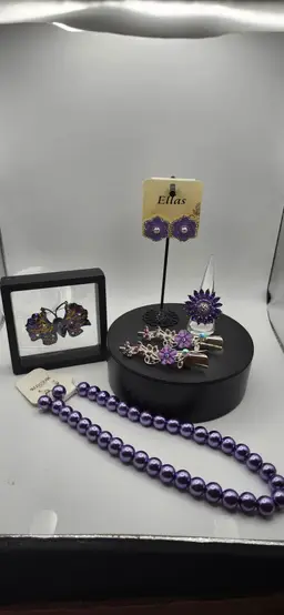 .Purple-Themed Jewelry Collection: Brooch, Earrings, Adjustable Ring, Hair Clips, & Necklace.