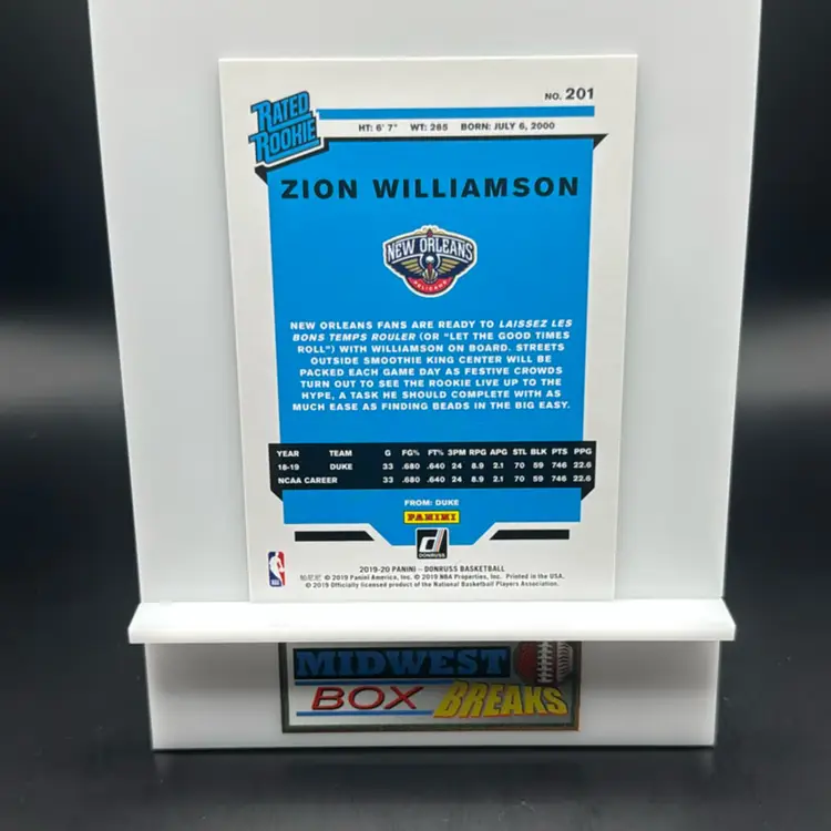 Zion Williamson Rc Rated Rookie 2019-20 Panini Donruss New Orleans Pelicans MBBCRD