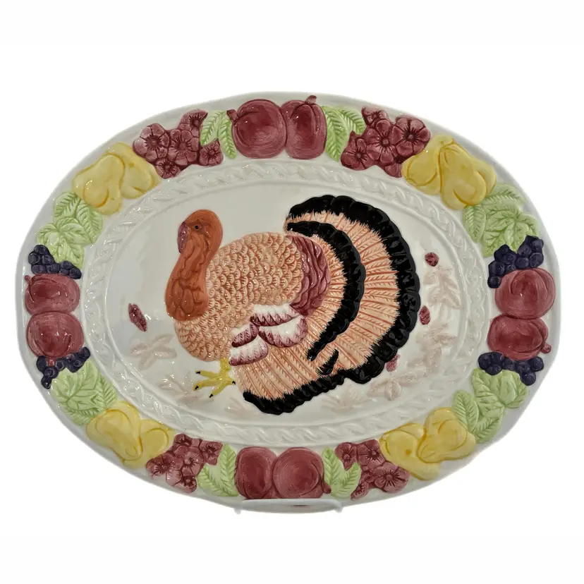Hand Painted Ceramic Turkey Platter Thanksgiving Mid Century Raised Pattern Vintage