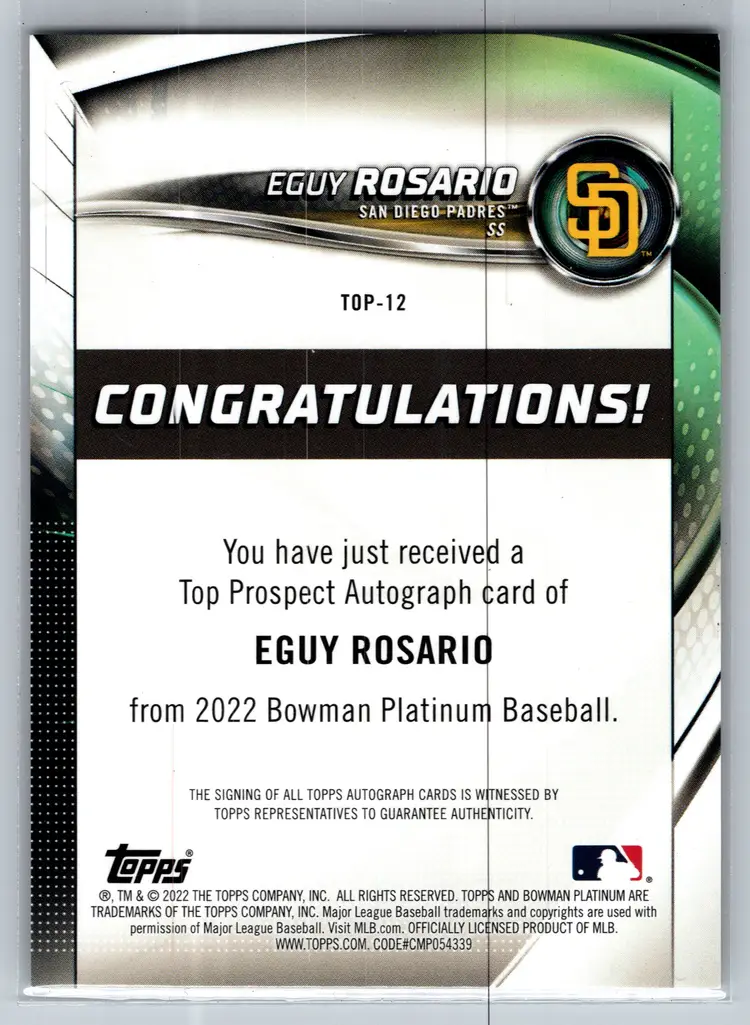 Eguy Rosario 2022 Bowman Platinum Top Prospect Autograph Padres #TOP-12