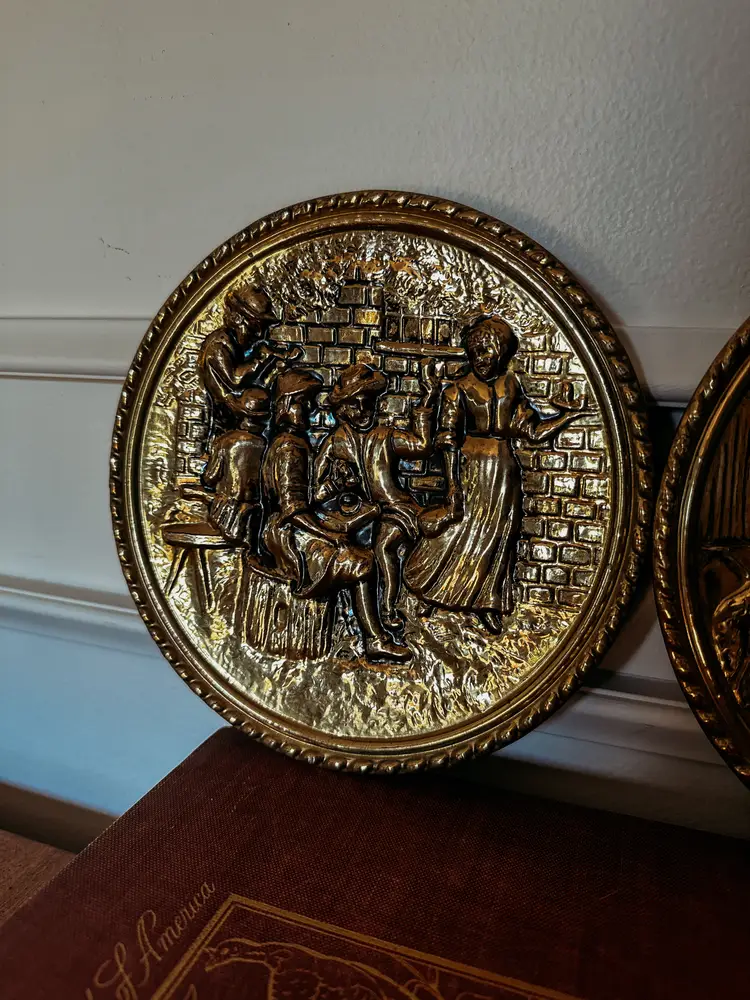Vintage Brass Decorative Wall Plates Made in England Pair