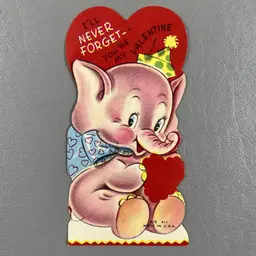 Vintage Die Cut Valentine Card Pink Elephant Heart Never Forget Circus Bow 5"