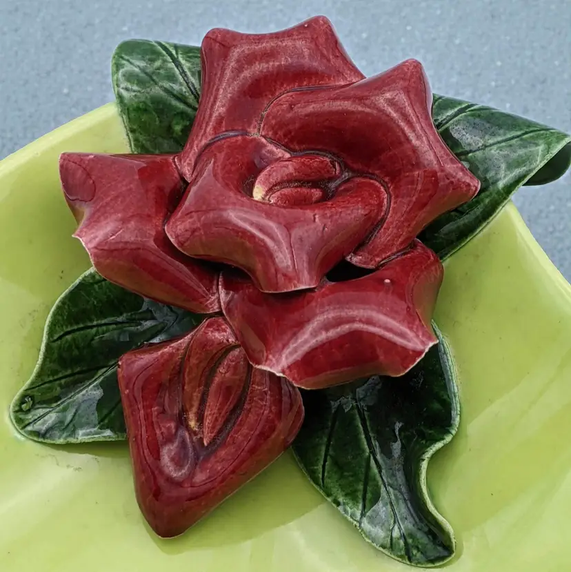 Vtg Johanne Brahmes Style Pear Green Red Sculpted 3D Rose Scalloped Dish Tray