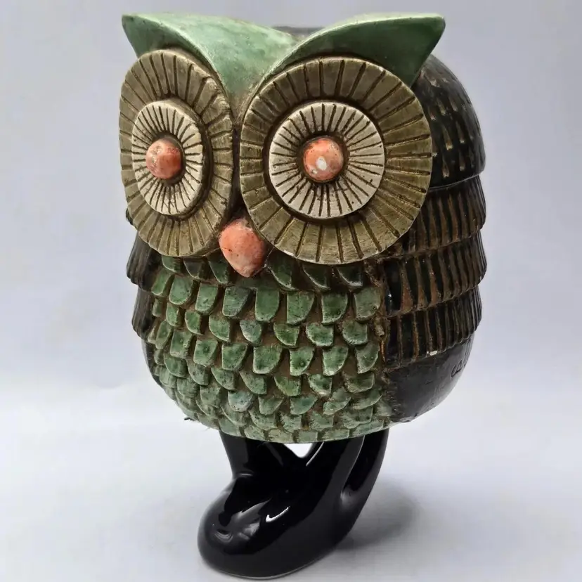 Sylvia Hood 1960s Pasedena Chalkware Green Owl Sculpture 5"H • HTF • Signed