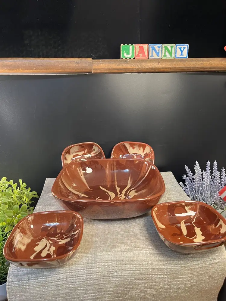 5 Piece "Clays in Calico" Serving bowl w/ 4 Small Bowls-Studio Pottery From Cardwell, MT