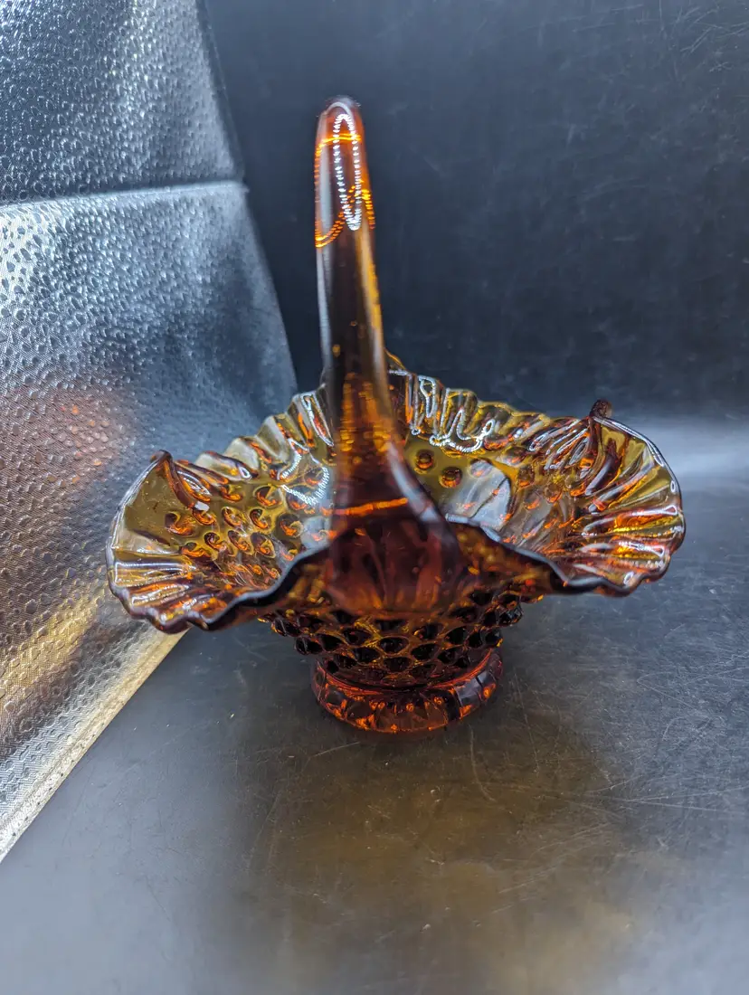 Vintage Fenton Style Glass Hobnail Dark Amber Basket Ruffled Edged Glass