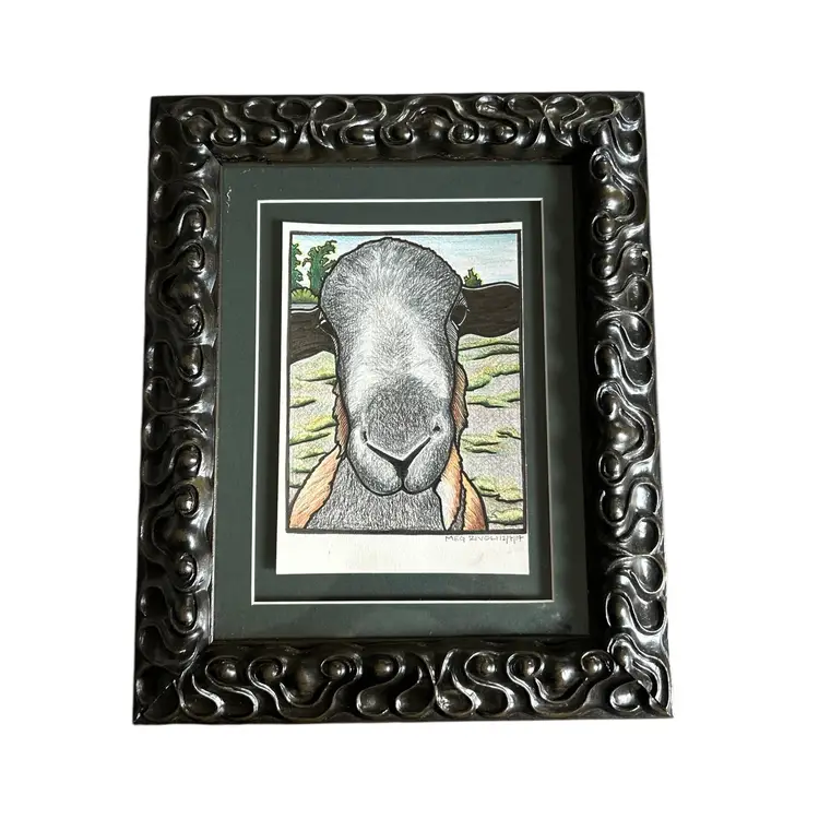 Dark Wooden Framed Cow Drawing Signed by Meg Rivoli