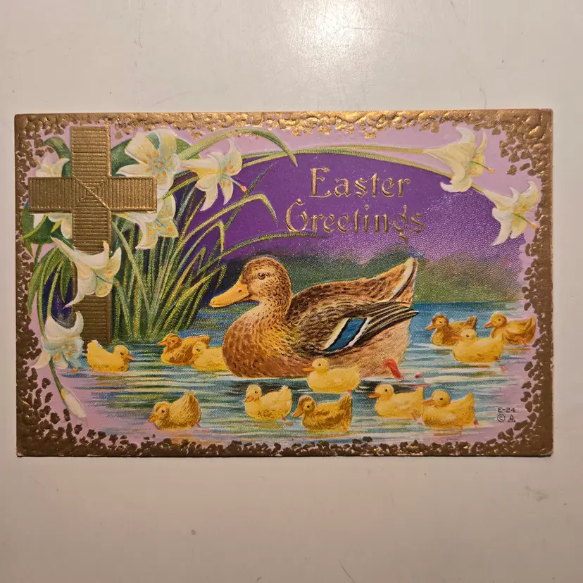 Postcard Easter Greetings Ephemera Embossed Cross Duck Ducklings Antique Unused & Unposted