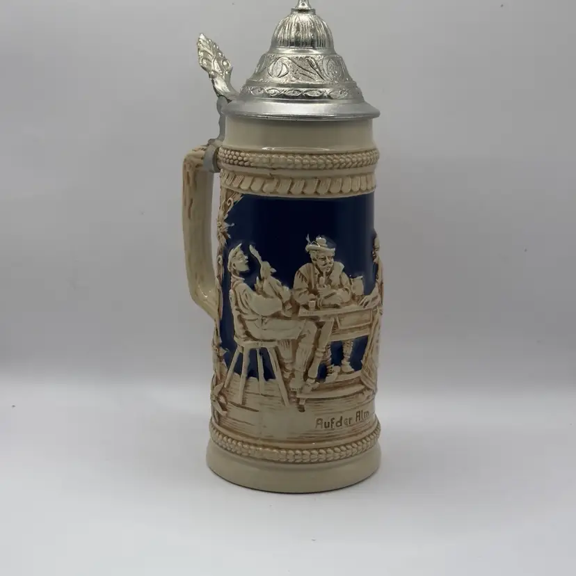 #50 Cobalt Blue, Original Gerz Beer Stein, Stoneware 9.25” Bar Scene, Man And Woman