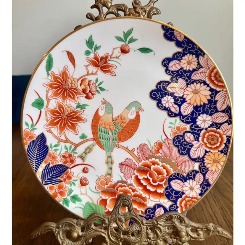 9” Rare Mikasa Otani Bone China Plates: Rust Cobalt Floral Bird Design