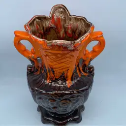 #1902 Large Drip Glaze Orange And Brown Ceramic Vase Double Handle 12 Inch