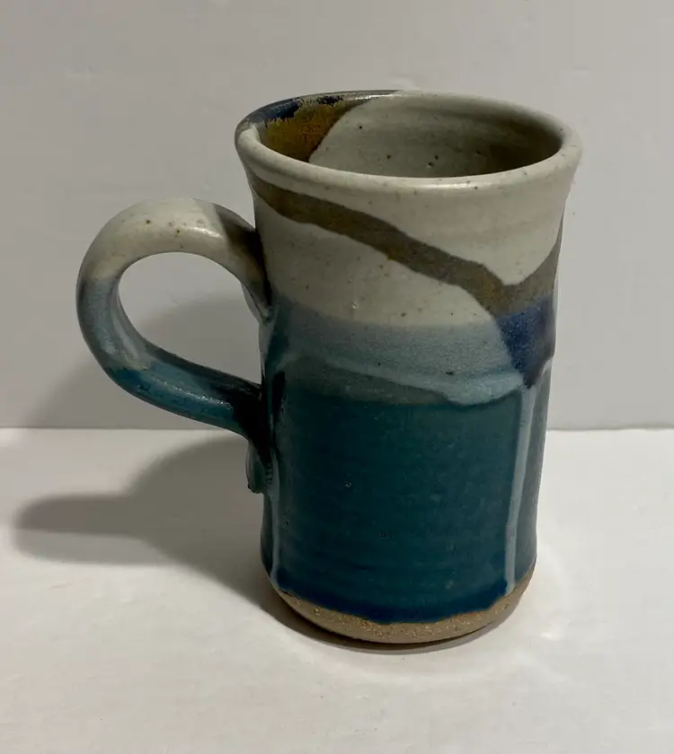 Art Pottery Coffee Mug Cup Artisan Made Blues Teals Grays Drip Glaze 