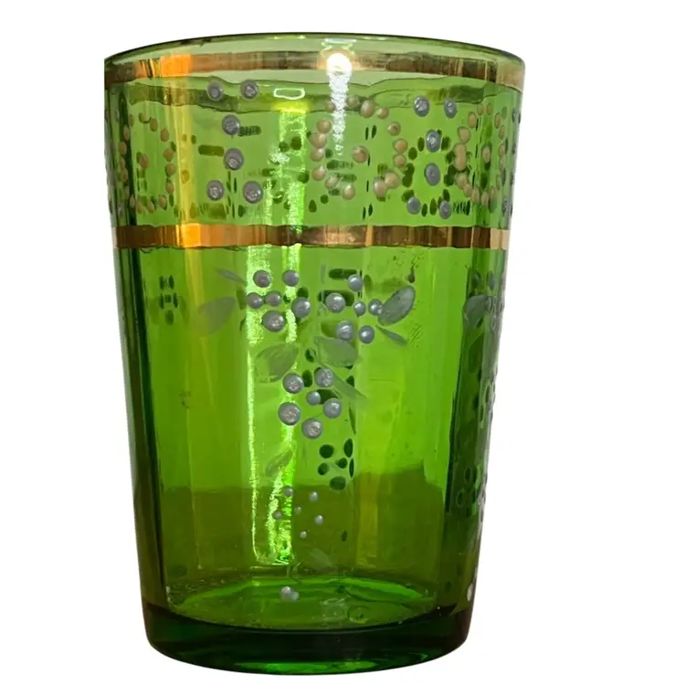 Vintage green hand painted bohemian glass 4 “