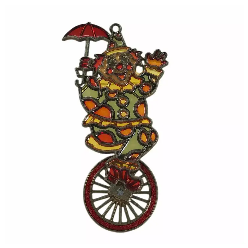 Vintage Stained Glass Suncatcher Hanging Ornament Clown Unicycle Wheel Spins 7" Tall