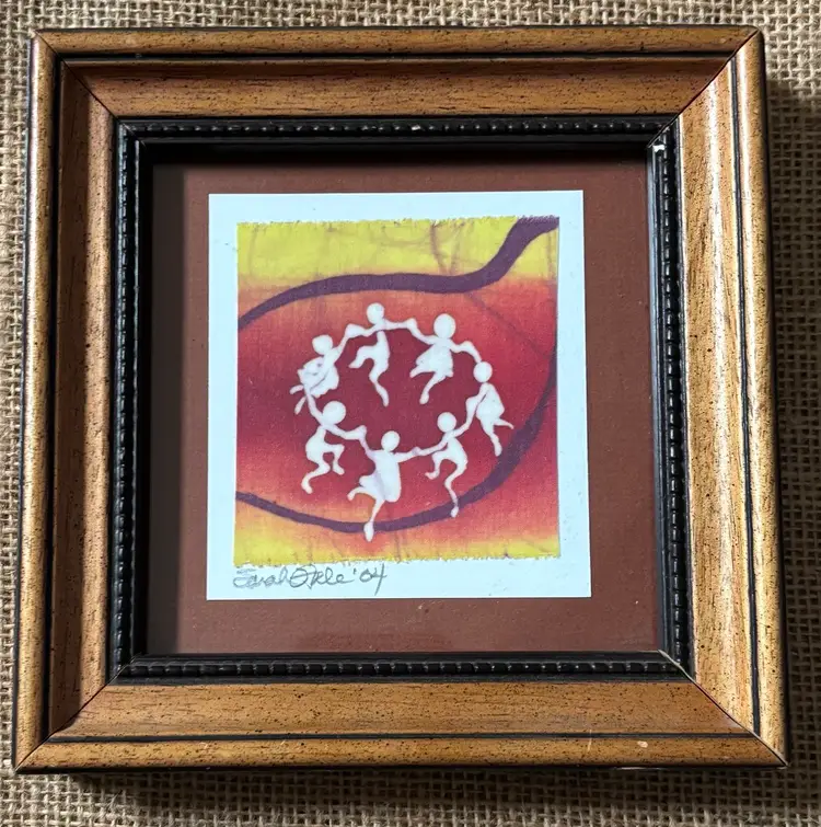 Vintage Sarah Hale Orange Yellow Children Dancing Batik Painting Art Silhouette