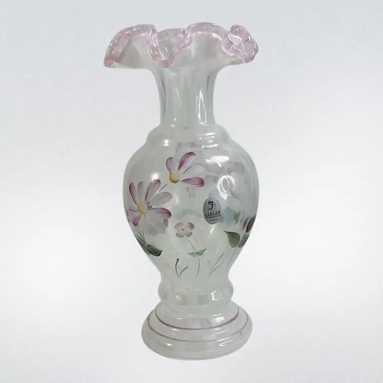 Fenton Pink Crest French Opalescent Trellis Optic Daisy Lane Hand Painted 9” Vase