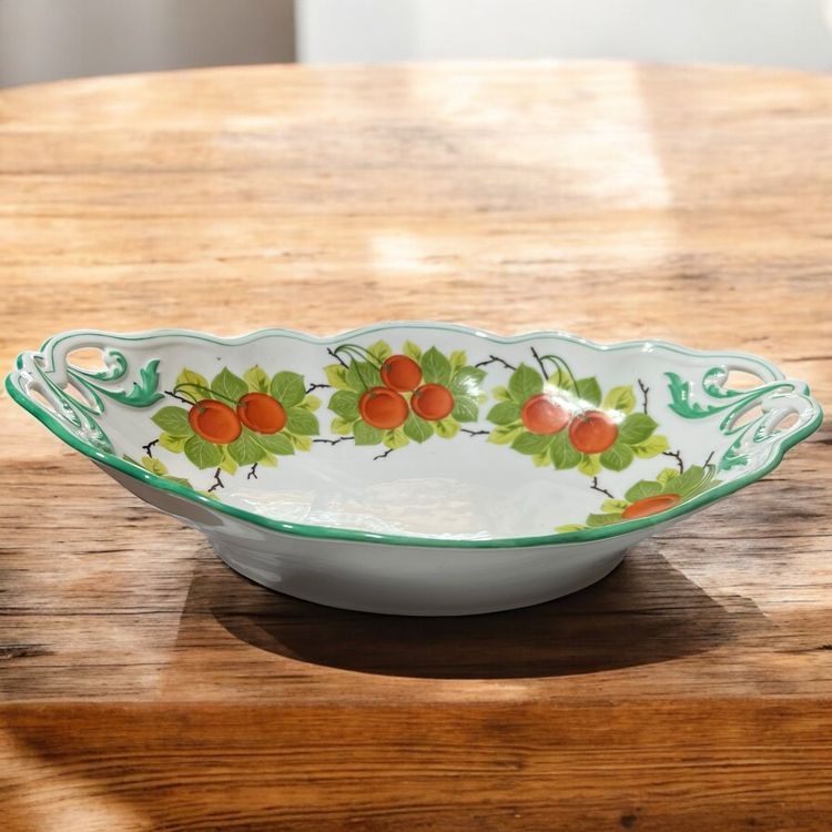011 Unmarked, Scalloped Double Reticulated Handle Oval Cherries 12.75 X 8.5" Bowl