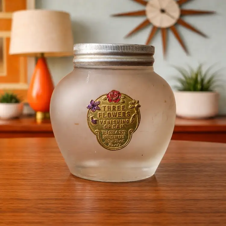 1920's Richard Hudnut Three Flowers Jar Vanishing Cream Frosted Satin Bottle Gold Foil Label Litho Lid