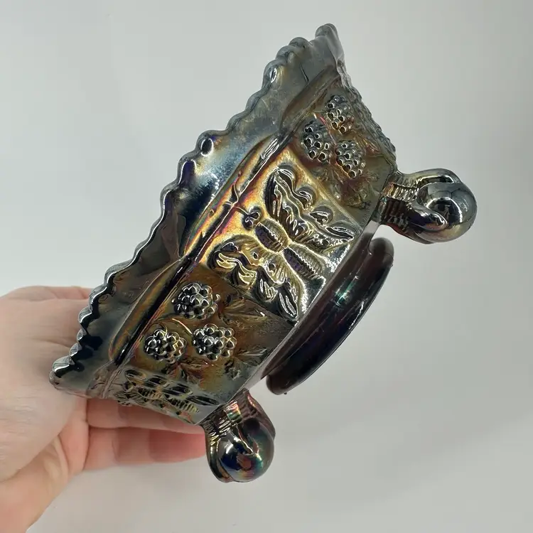 Carnival Glass Cobalt Blue Butterfly & Berry Footed Bowl