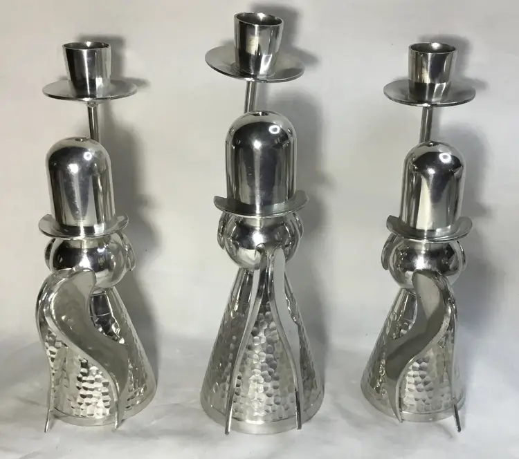 Banka Tinwerks, angel candle holders, silver tone, two 7", one 7.75" Indonesia