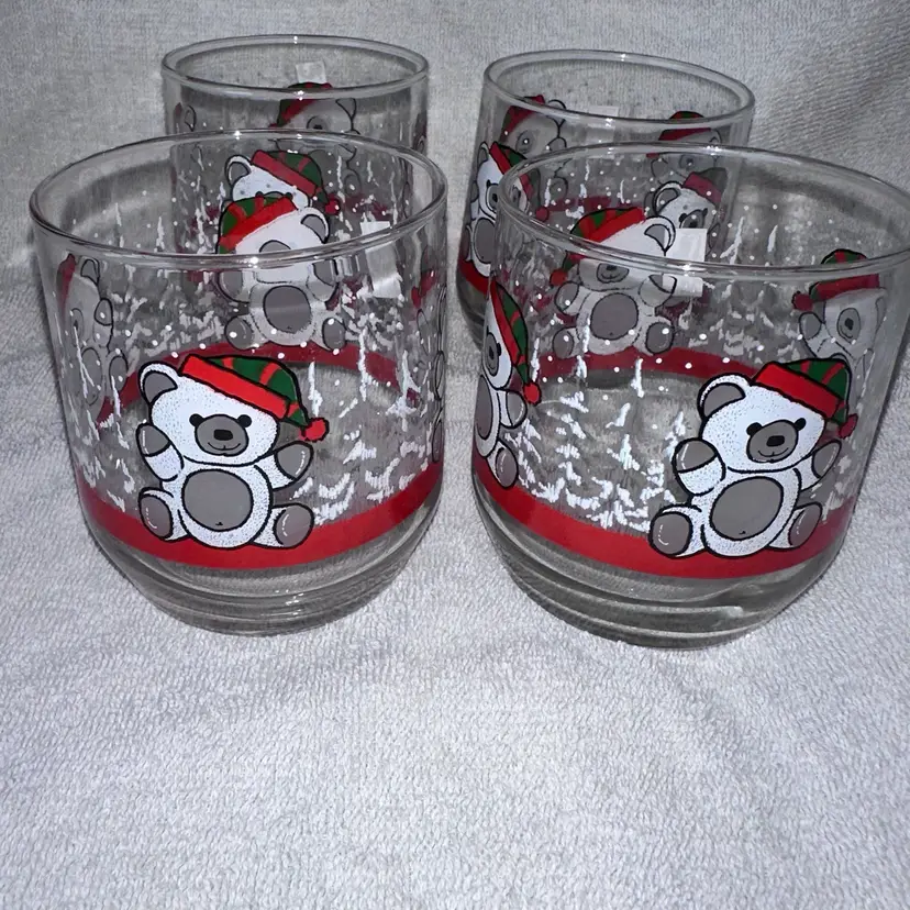 Vintage MCM Retro Libbey Christmas Teddy Bears Low Ball Drinking Glasses Set Of 4