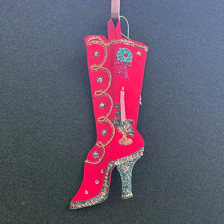Hand Sewn Felt High Heel Stocking With Hand Embroidered Sequins, Circa 1970s