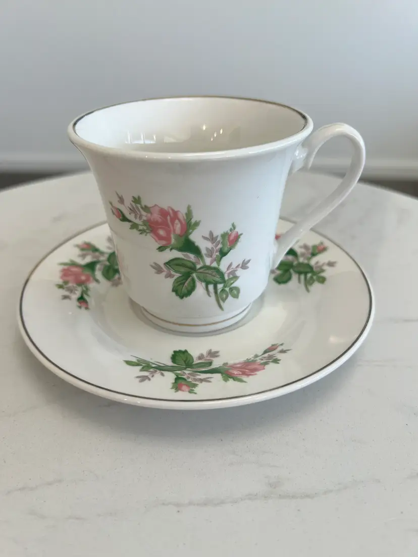 Vintage Floral Porcelain Teacup Saucer Set Pink Rose Gold Trim