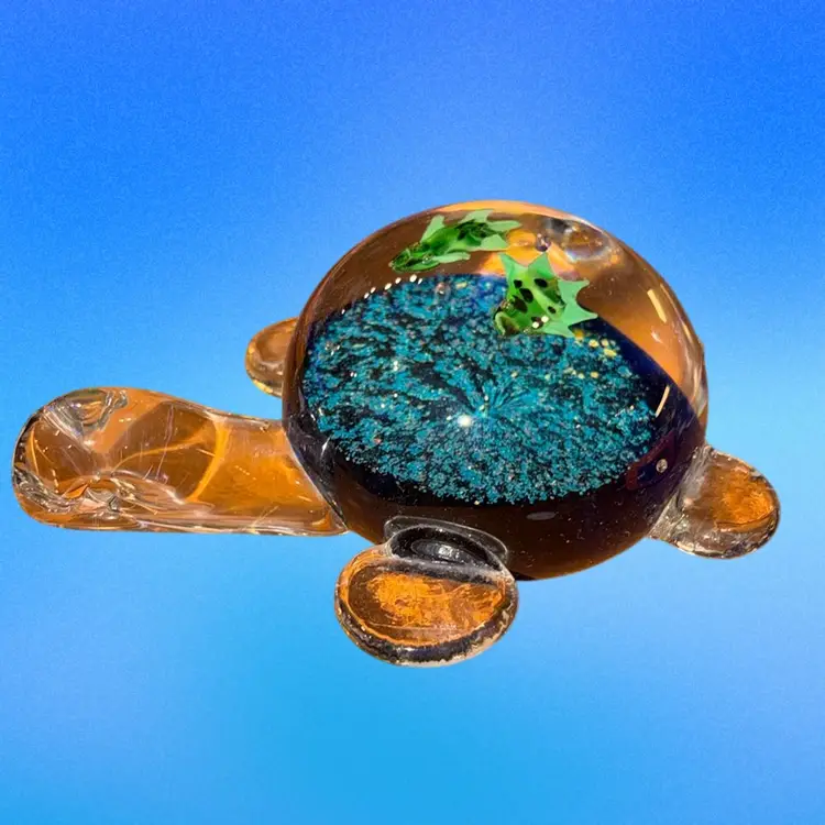 Art Glass Turtle Paperweight Figurine Baby Turtles Inside
