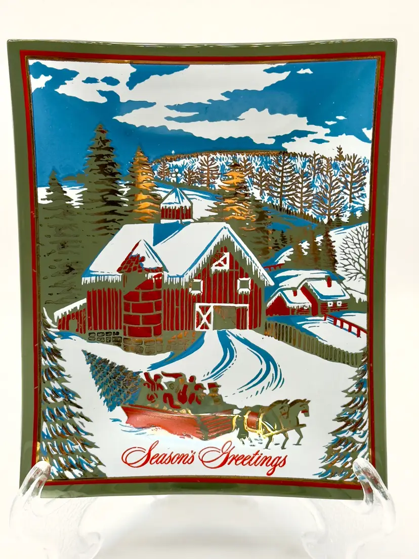Vintage Season's Greetings Winter Scene Decorative Glass Trinket Dish, By Houze Art, Made In Pt. Marion, PA
