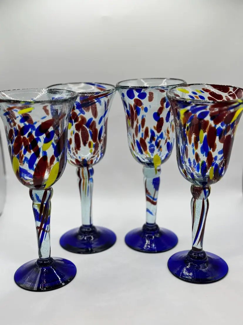 Vintage Mexican Confetti Wine Stemware, Art Glass Handcrafted, Set of 4, Stamped On Bottom, Sticker “Hecho En Mexico” Meaning “Made In Mexico”, Made In Aljimz, Mexico