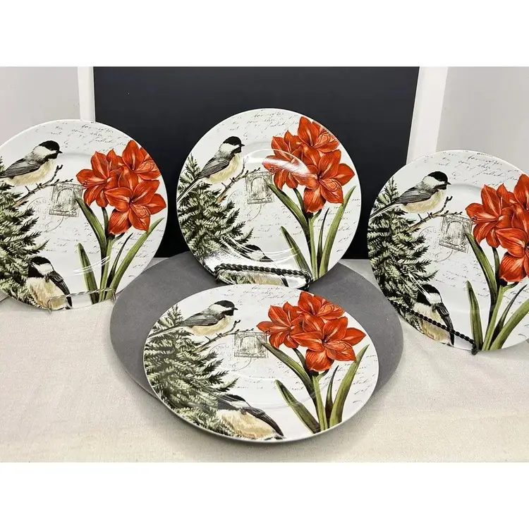 222 Fifth Winter Cheer Christmas Bird 10.75" Dinner Plates, Lot/4