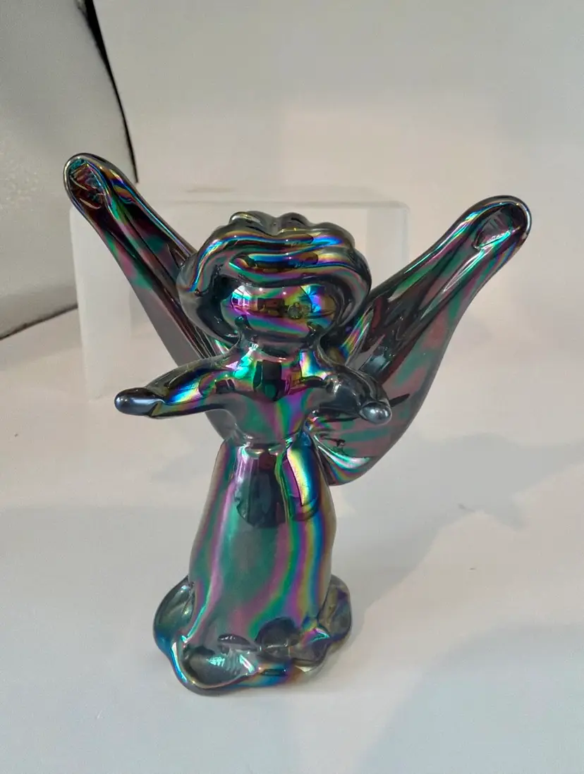 Blown Glass Angel Figurine Carnival Opalescent 3.5” Silver Dollar City