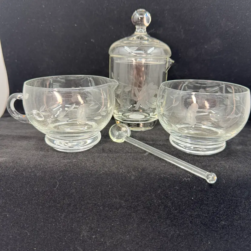 Vintage Princess House etched glass sugar, creamer, and jam jar set with spoon, No Lid For Sugar Dish