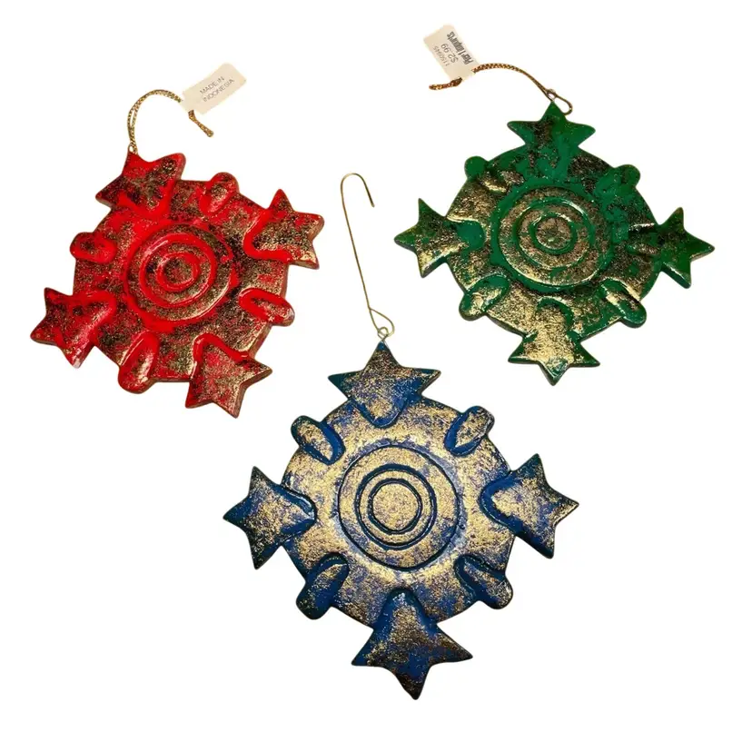 Handmade Folk Art (Indonesia) Set of 3 Red Green Blue Gold Star Christmas Balinese Ornaments 4"