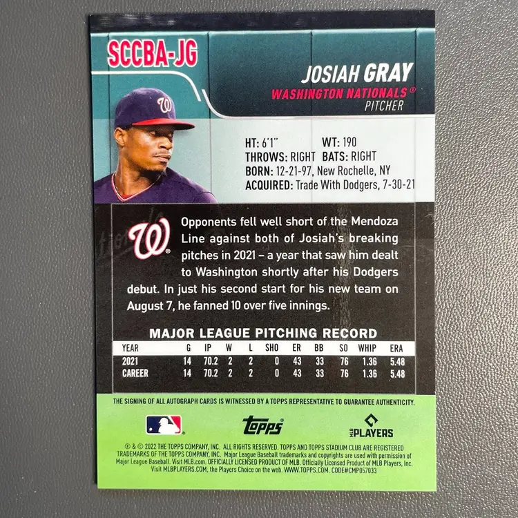Josiah Gray (Washington Nationals) 2022 Stadium Club Chrome Rookie Auto