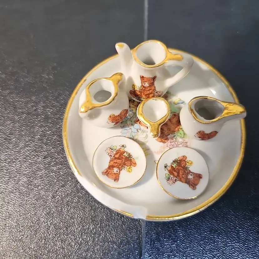 Vintage Bear Motif Porcelain Miniature Tea Set 7-Piece Dollhouse Delight Damaged Platterr