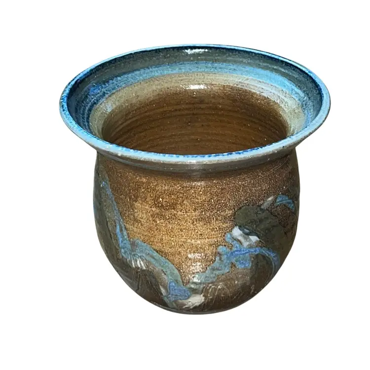 Joseph Triplo Hudson Valley New York Studio Pottery Vase – Signed & Dated – Salt Glaze Stoneware – Blue Drip Glaze – Rustic Wheel Thrown Vase