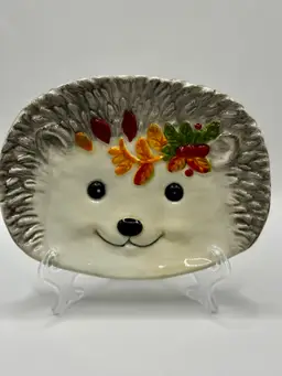 Adorable Hedgehog Ceramic Plate with Autumn Leaves, By Robert Stanley, Made In China