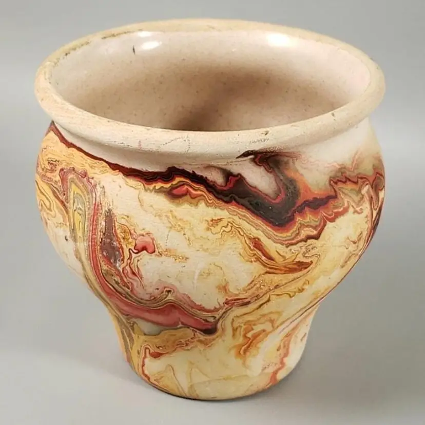 Vintage NEMADJI Pottery Red Rust Brown Swirl Marble Tan Buff Bisque Ceramic Pot