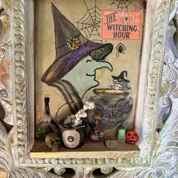 Halloween Ornate Frame Decoupaged Witch With Miniature Witch's Brew Potion Items