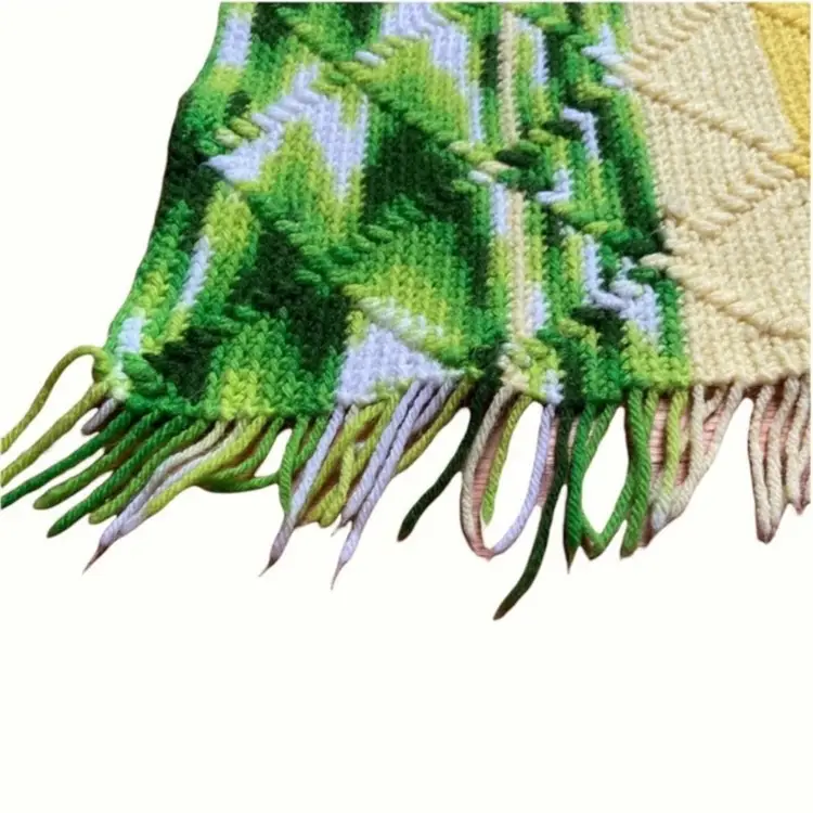 Vintage Handmade Crocheted Yellow, Green & White Striped Blanket With Fringe