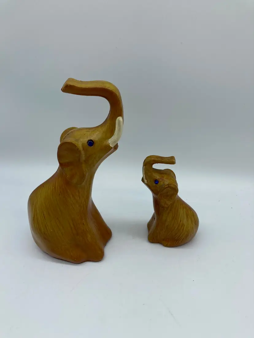 Vintage Faux Wood Elephant and Baby w/ Blue Rhinestone Eyes, Trunk Up, Good Luck, Hollow Hard Plastic Figurine