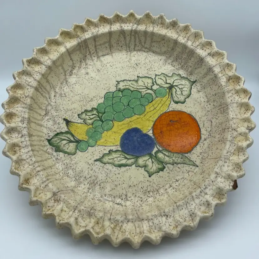 Vintage glazed ceramic pie/quiche plate with hand painted fruit decoration