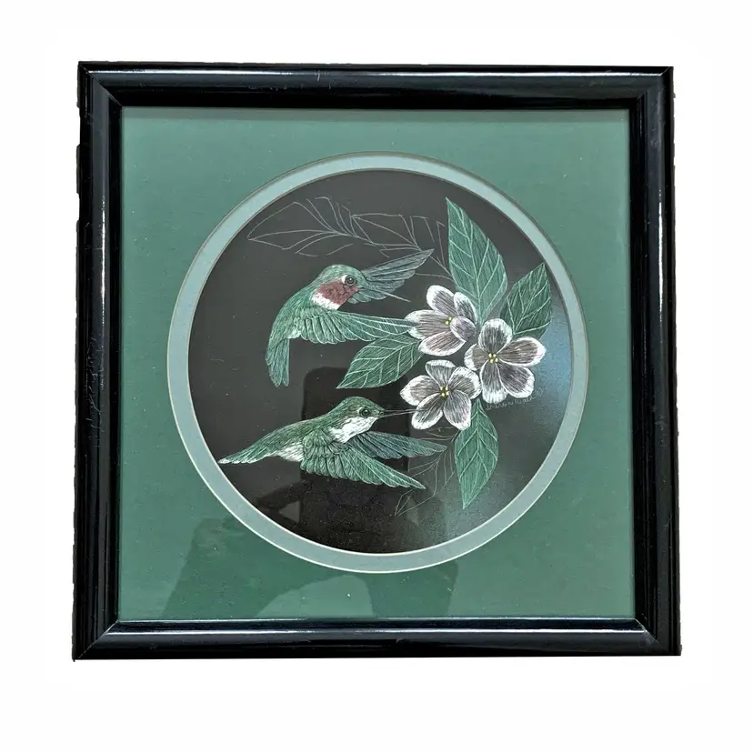 Sharon Wald Signed Scratchboard Original Hummingbird Etching Framed Vintage