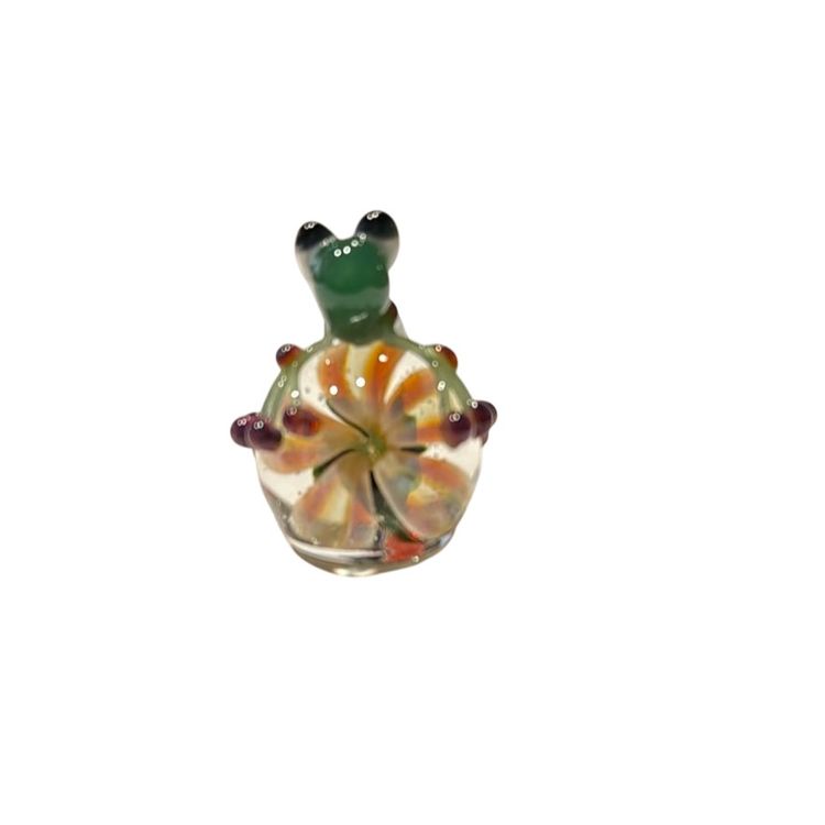 Marble Or Mini Paperweight - Boomwire Art Glass Frog On Lampwork Flower Marble - 1.75”