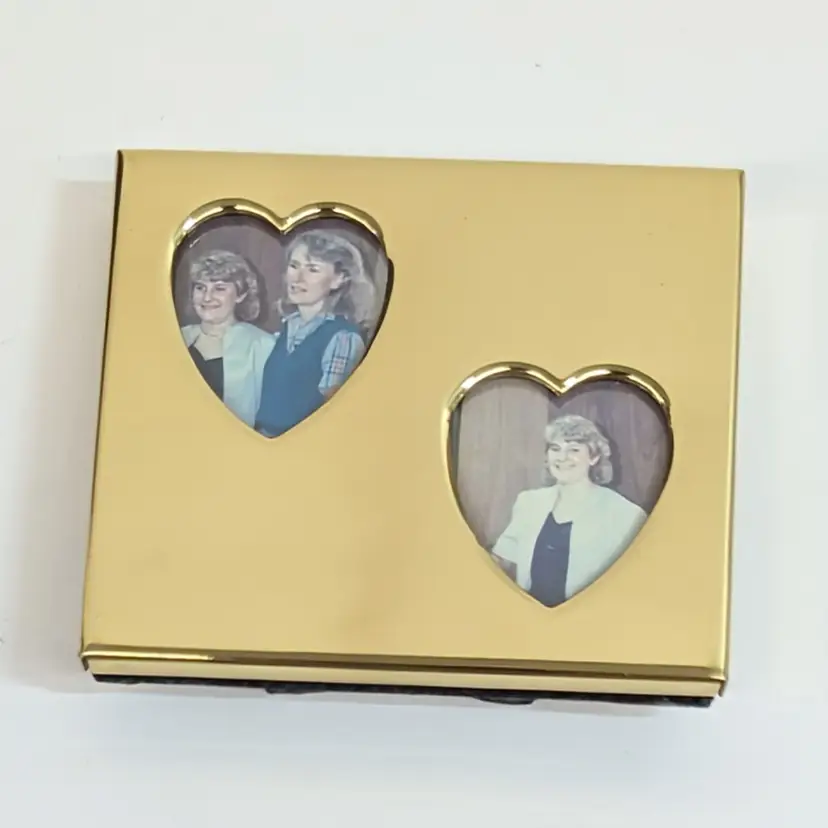 Vintage Solid Brass Double Heart Shaped Mini Picture Frame w/ Stand 3.25 x 2.75”