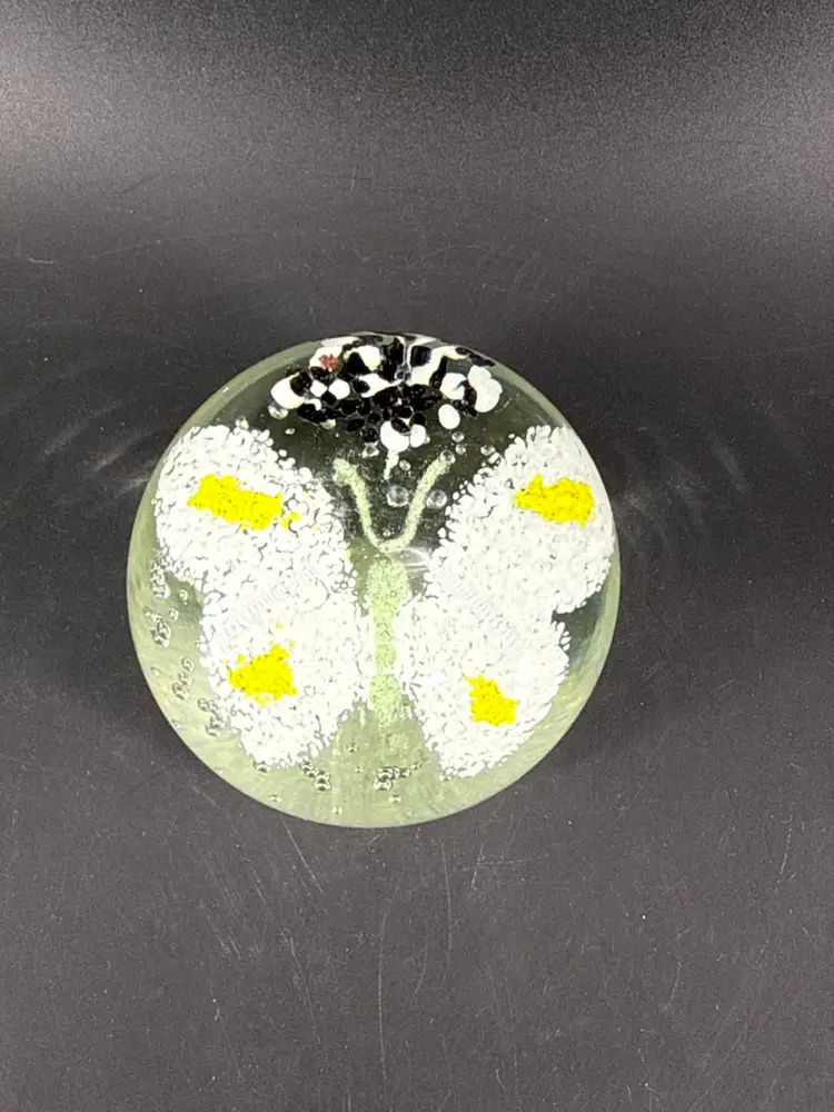 Art Glass 3.5" White Yellow Butterfly Paperweight Bubbles