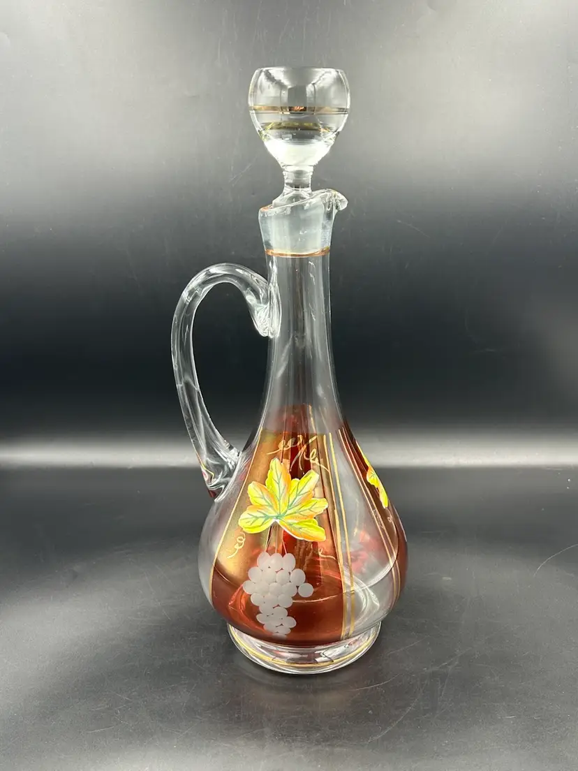 Vintage Romanian –Czech Hand Painted And Etched Glass Decanter, Grapes And Leaves