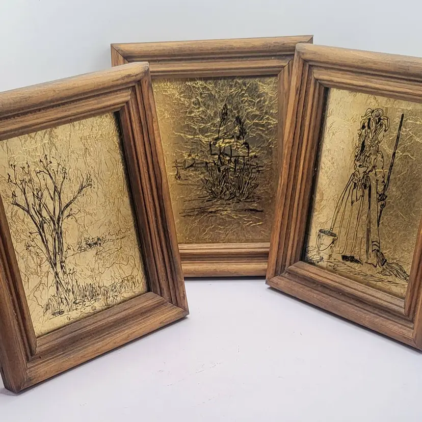 Vintage Trio of Framed Mixed Media Gold Foil Art Prints 4" x 5"